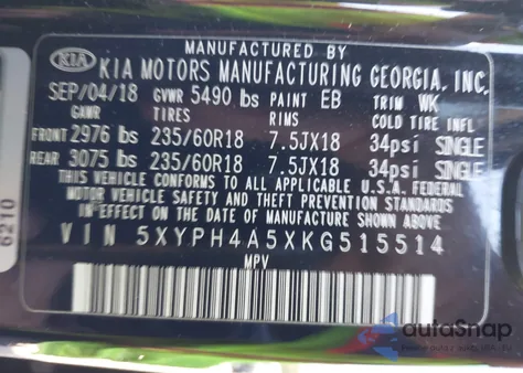 2019 Kia Sorento 3.3L Ex z USA, uszkodzony, nr VIN 5XYPH4A5XKG515514